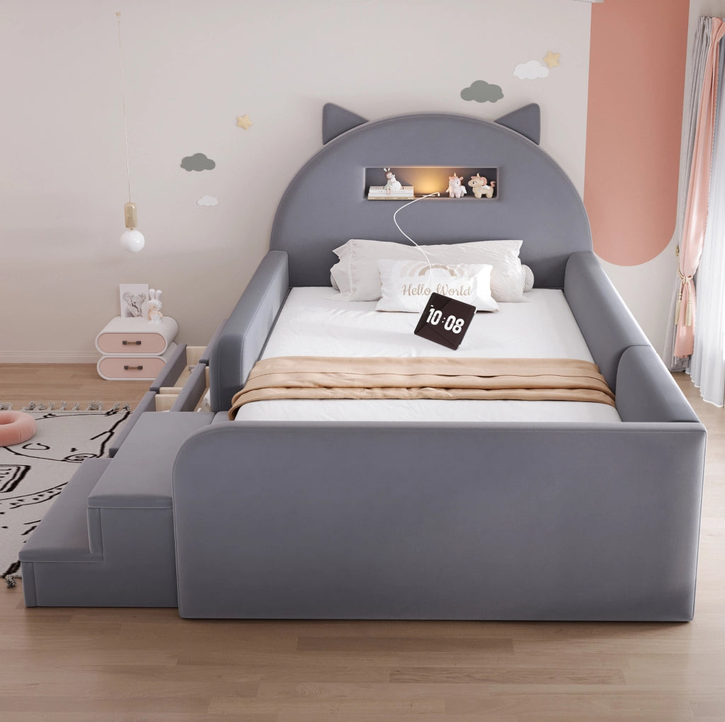 Letto per bambini imbottito 90x200 cm con contenitore, luce notturna USB e cassetti