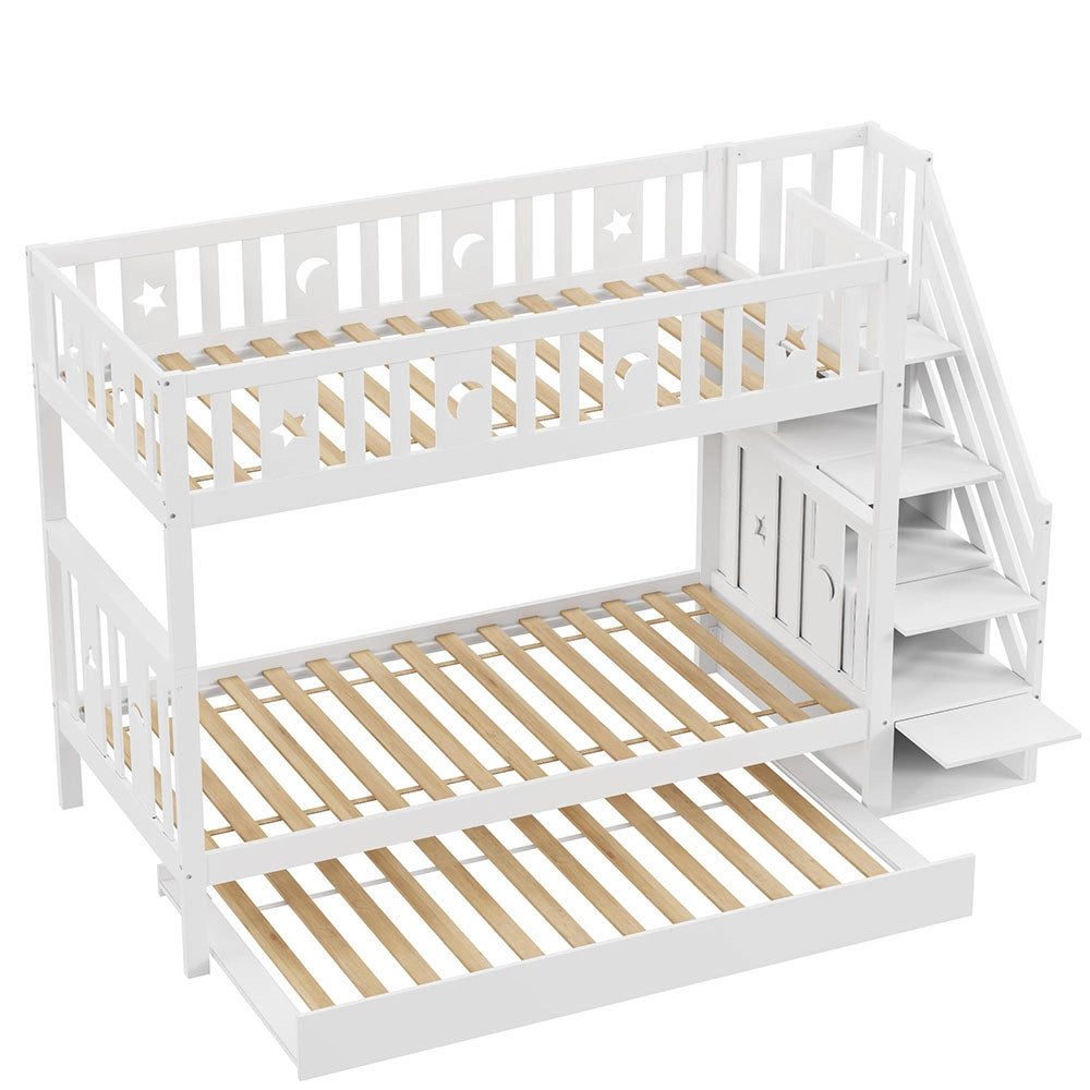 Letto a castello estraibile - Xylo - 90x190cm bianco, scala con ripiani