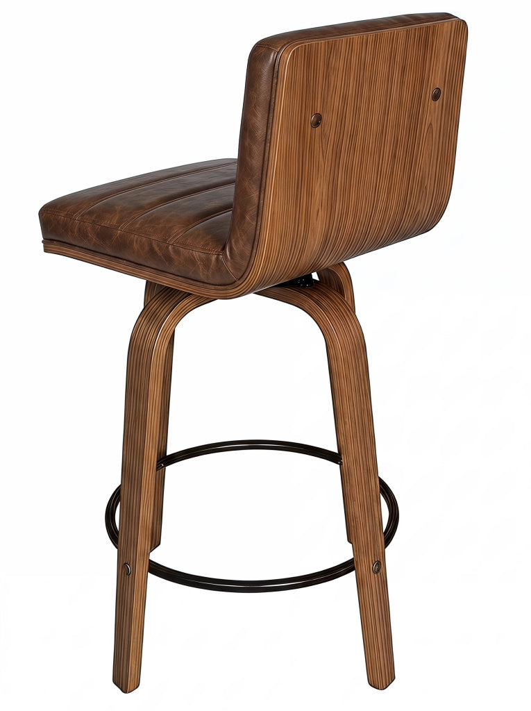 Sgabello da bar girevole con schienale ergonomico, anello poggiapiedi e piedini antiscivolo in PU e legno marrone rossiccio