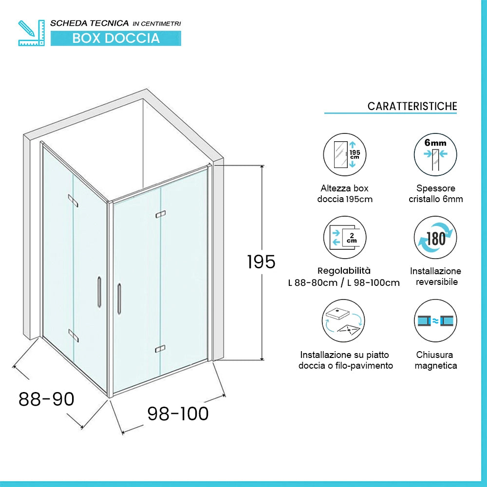 Box doccia angolare doppio soffietto 100x90 in vetro temperato trasparente con profili nero opaco Neos