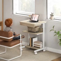 Scrivania PC con Cassetto Scorrevole, 2 Ripiani e 4 Rotelle, in Legno e Metallo, 56x51x79 cm, Bianco e Rovere