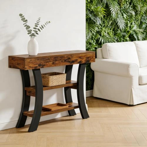 Consolle curva con tre ripiani in MDF e metallo per ingresso soggiorno e corridoio nera 105 × 30 × 80 cm