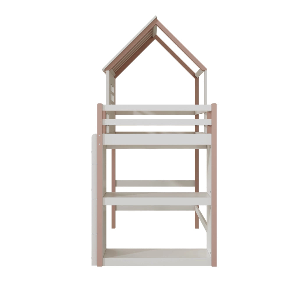 Letto per bambini 90x200 cm a casetta con scala e ripiano in legno massello rosa