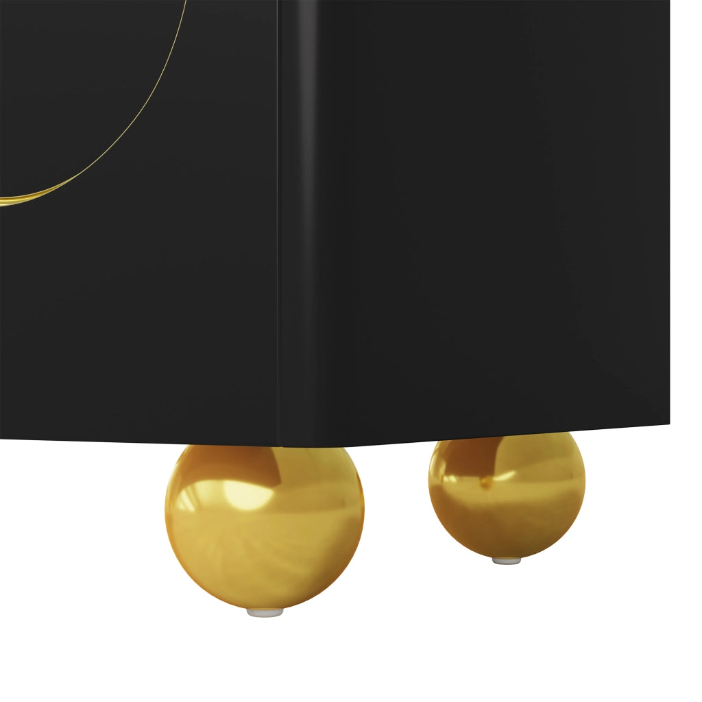 Credenza, mobile contenitore, ante con decorazioni ad arco in filo d’oro, piedini metallici sferici, nero