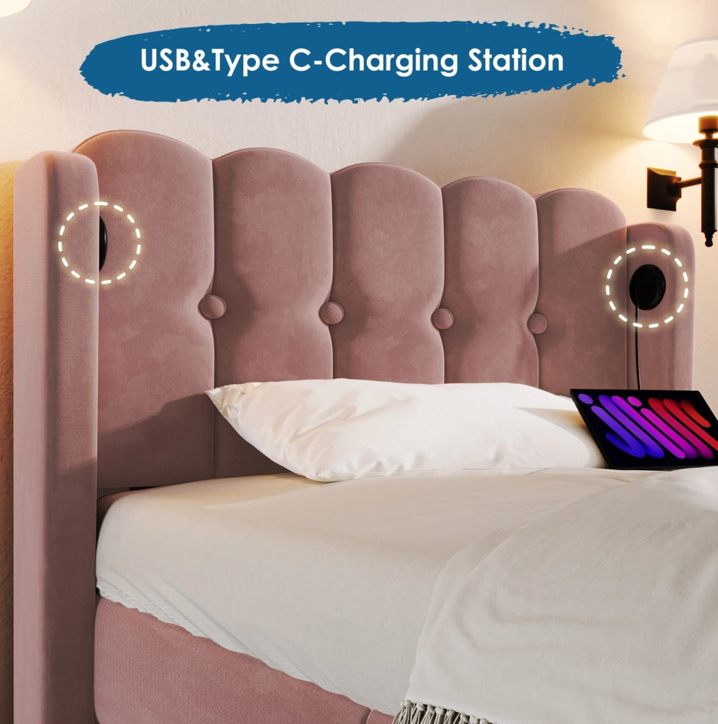 Letto singolo 90x200 cm imbottito in velluto rosa con USB e Type-C; con materasso
