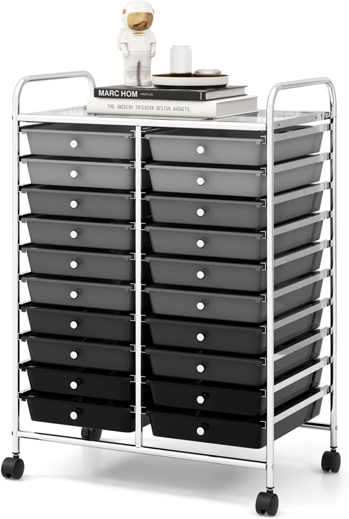 Carrello portaoggetti con ruote da 20 cassetti rimovibili, torre di stoccaggio mobile, 4 ruote con 2 freni, carrello girevole per ufficio, cucina, casa, 64 x 38 x 87 cm (nero sgrassato)