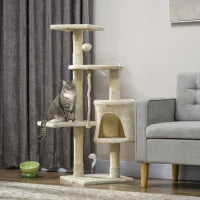 Albero Tiragraffi per Gatti con Cassetta, Pallina, Corda per Gioco e Relax, 40x40x116 cm, Beige