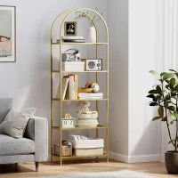 Scaffale Portaoggetti ad Arco a 5 Ripiani in Acciaio e Vetro Temperato, 60x30x175 cm, Oro