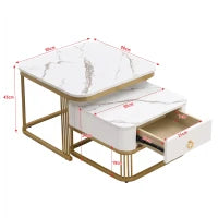 Set di Tavolini da Salotto Impilabili in Marmo Lucido con Dettagli Dorati e Cassetti, 60x60x45 cm + 50x50x34 cm, Bianco