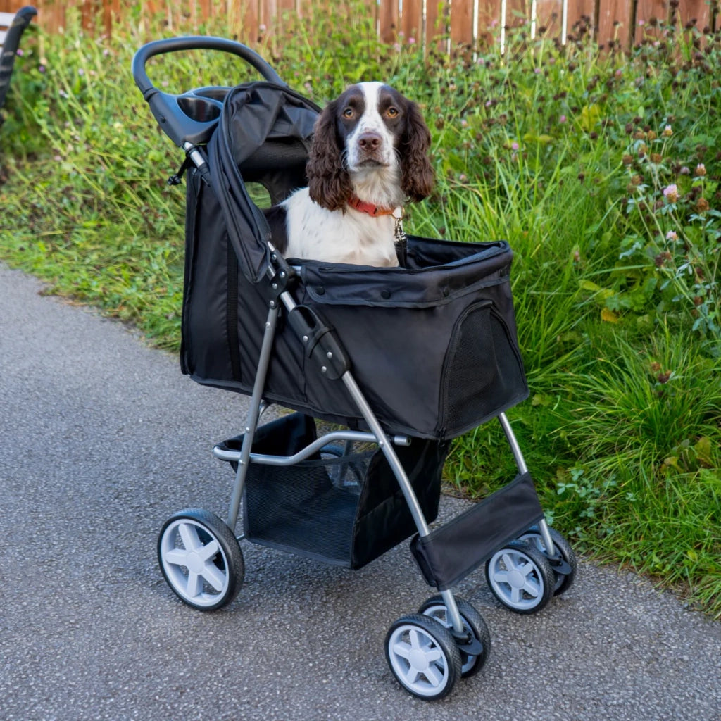 Passeggino per animali domestici Trasportino pieghevole Trolley da viaggio per gatti e cani Copertura anti-pioggia – Nero