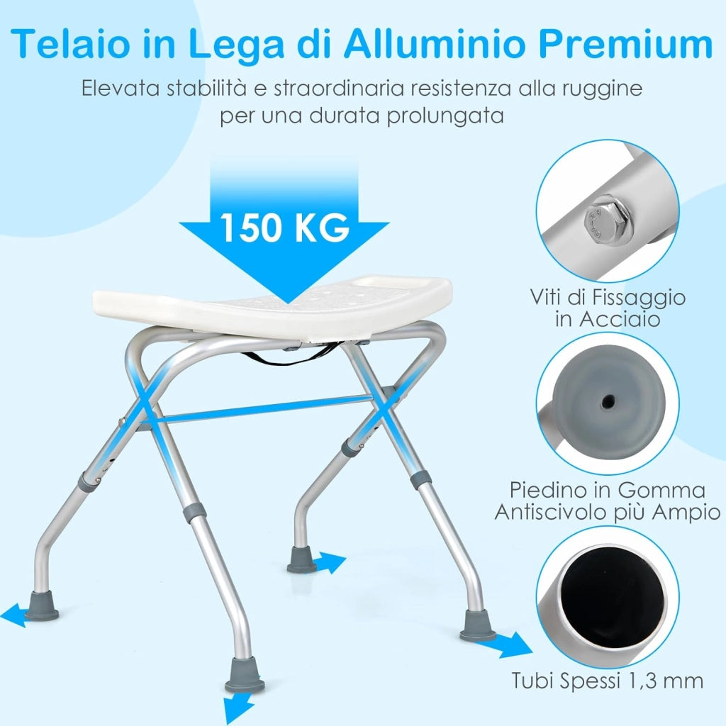 Sgabello per Doccia, Sedia per Doccia Regolabile in Altezza a 3 Livelli con Maniglie, Leggero, per Anziani e Persone a MobilitÃ  Ridotta, 53x50x52,5 cm, Portata 150 KG