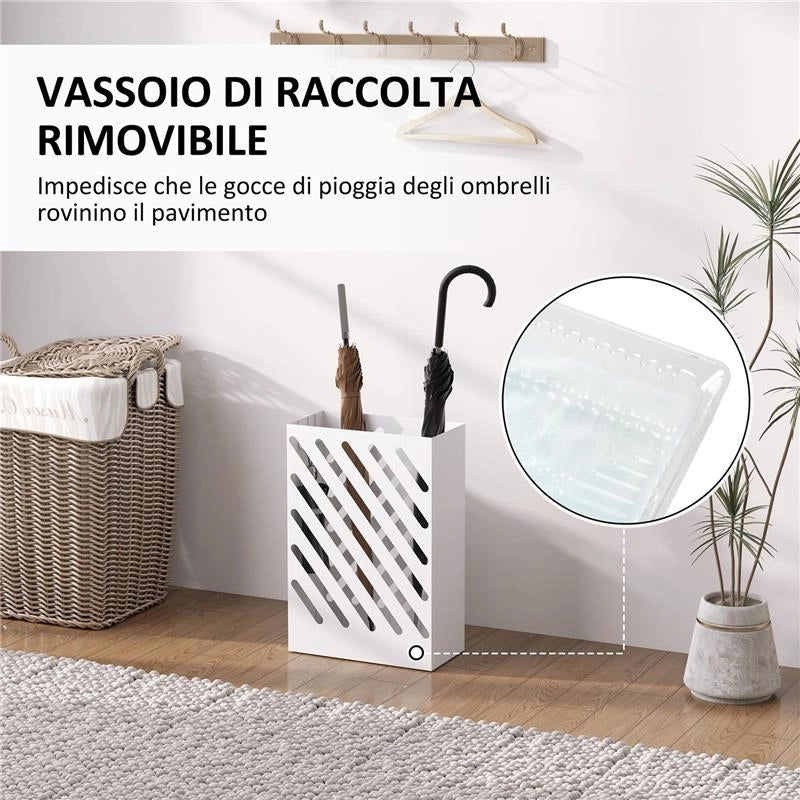PORTAOMBRELLI DI DESIGN CON VASCHETTA RACCOGLI GOCCE E 4 GANCI IN METALLO 28X14X41 CM BIANCO