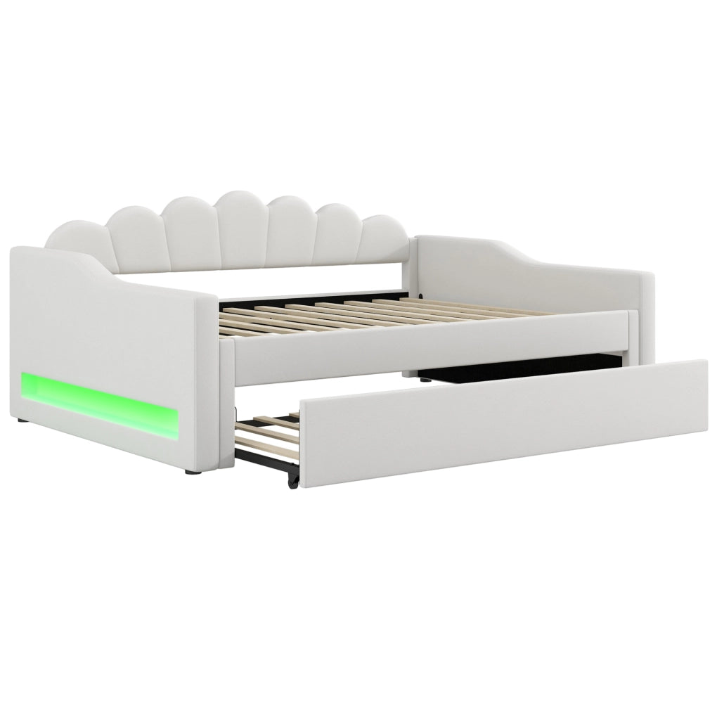 Letto imbottito 140x200 cm con LED laterali e letto estraibile beige