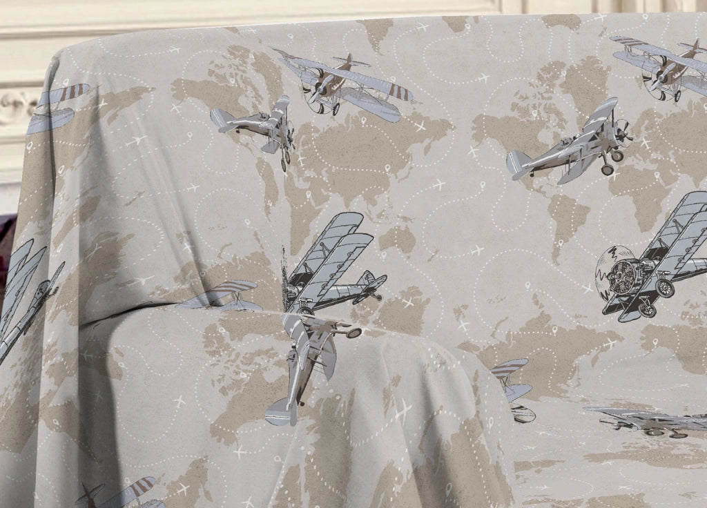 Telo Arredo Multiuso Linea Pensieri Delicati In Cotone Disegno Aerei Beige - Matrimoniale - Beige