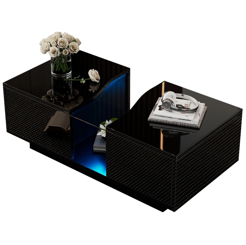 Tavolino da salotto moderno con LED; 2 cassetti; 100 x 50 x 35 cm; nero lucido in MDF e acrilico