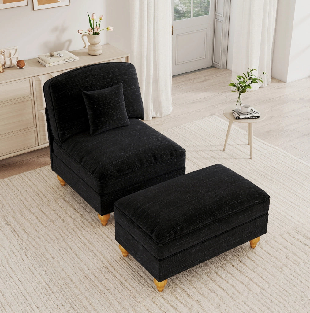 Poltrona lounge in chenille con pouf; balza removibile e cuscino mobile; nero
