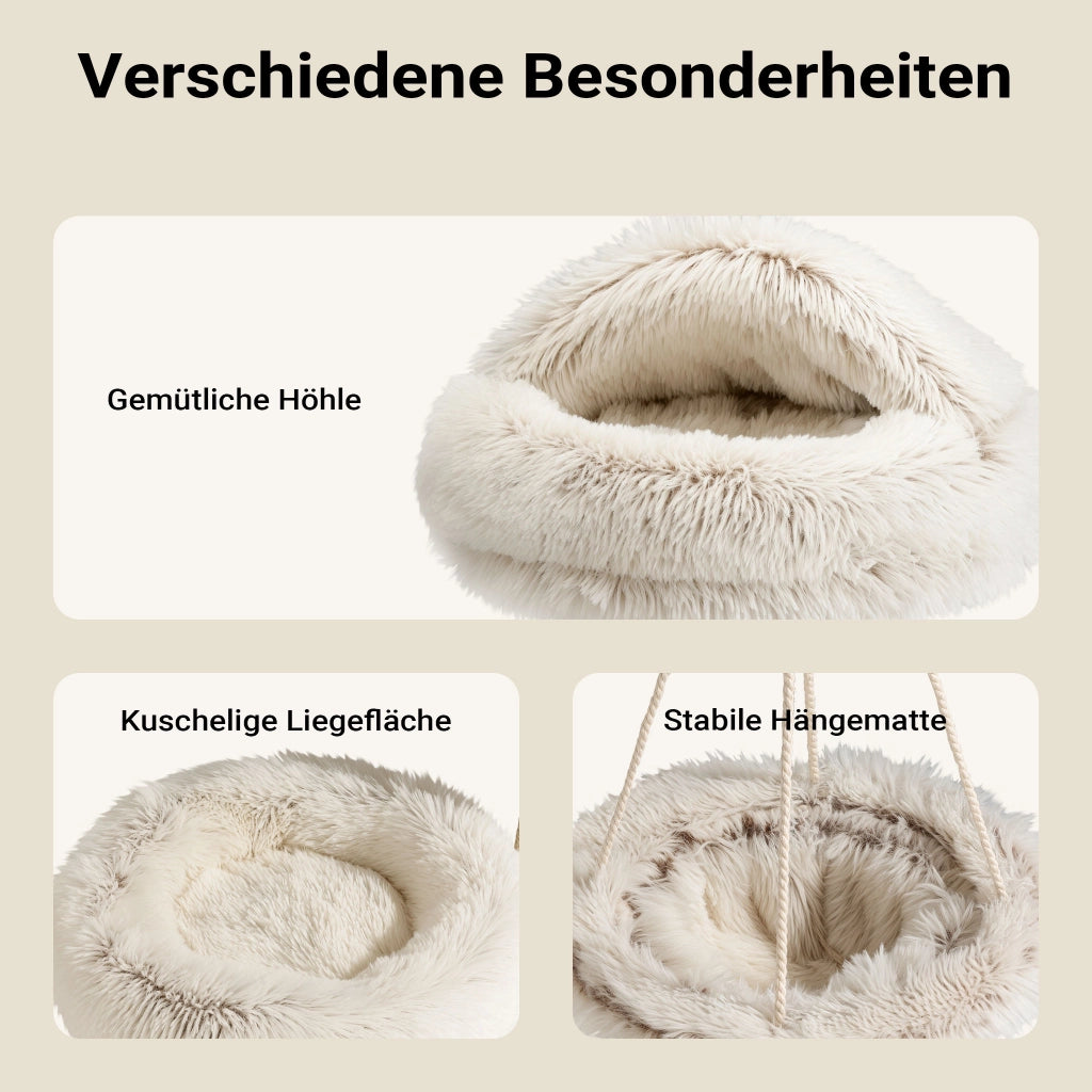 Fudajo Albero tiragraffi per gatti di design con 2 cucce, 1 nicchia, 1 amaca, Ø 59 cm, altezza 169 cm, portata max. 15 kg, beige con sisal e peluche, colonna e piattaforme