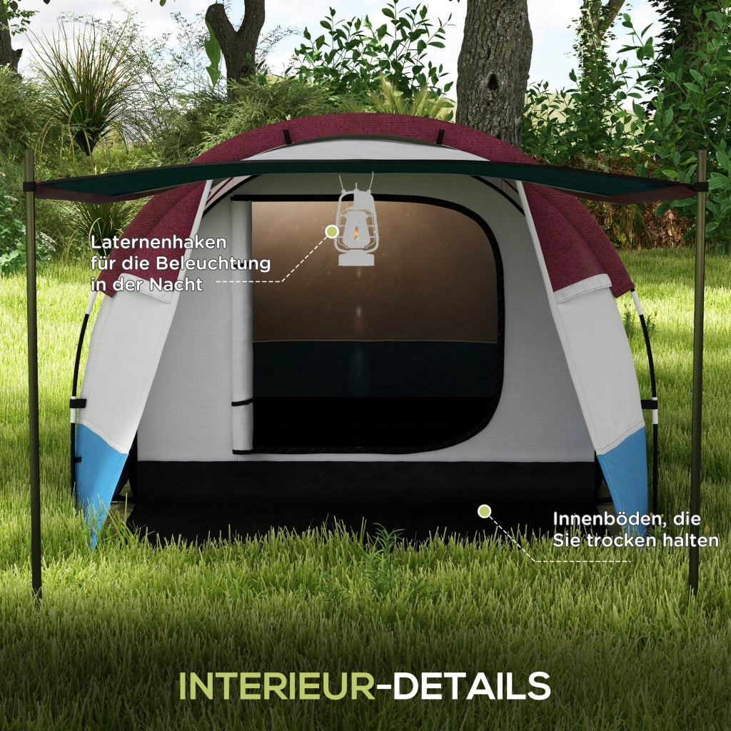 Tenda da campeggio per 2 persone, impermeabile 2000 mm, con 3 ingressi e gancio lanterna, robusta e portatile, rosso