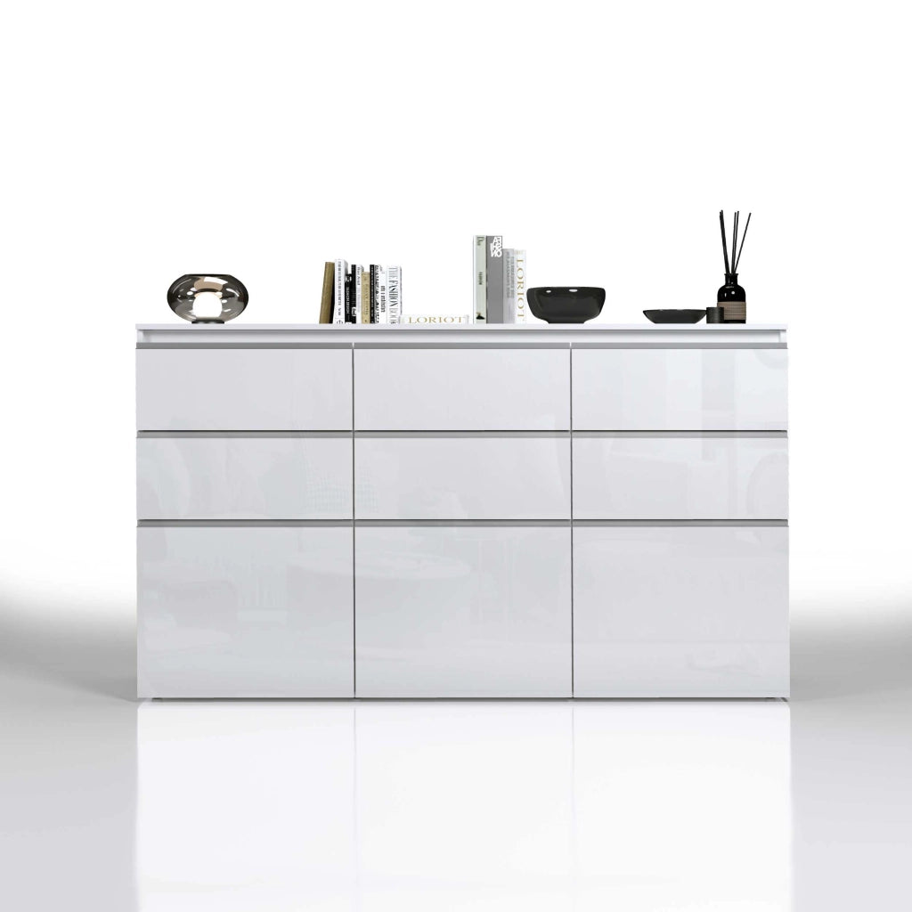 WHOUS Credenza a cassettiera Magic 3 ante e 6 cassetti bianco lucido 180x40x105 cm