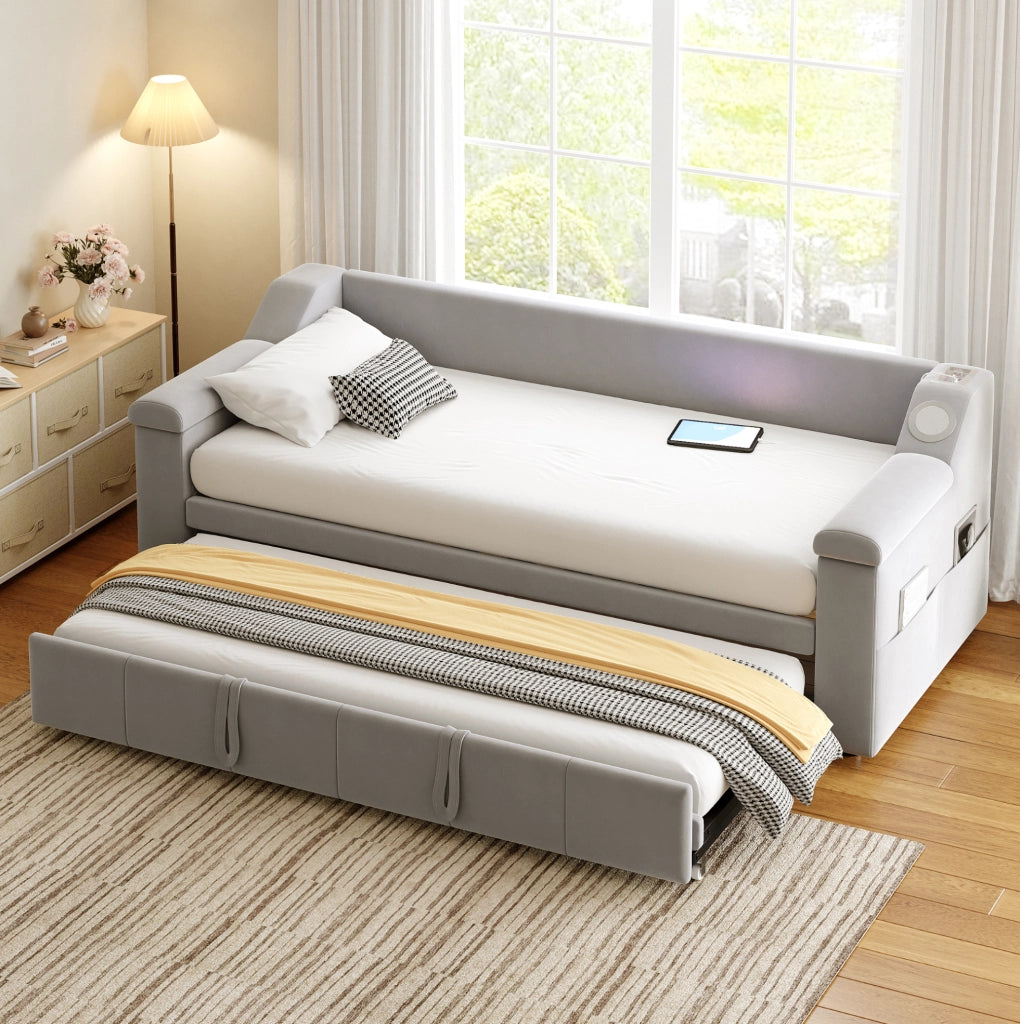 Divano letto imbottito con Bluetooth; USB e scomparti nei braccioli; 90/180x190 cm; grigio