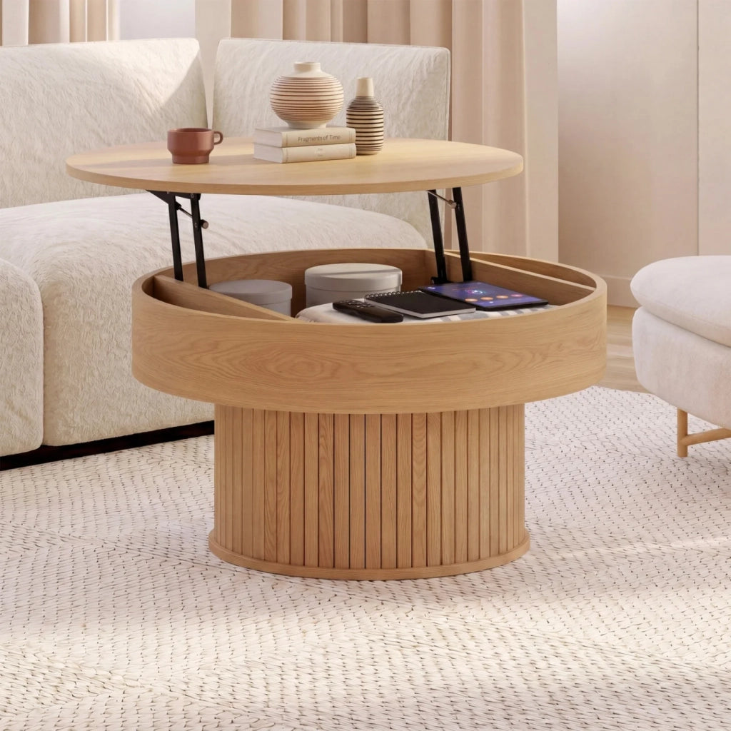 IDMarket - Tavolino rotondo alzabile JULIETTE 70 cm con doghe in legno color rovere