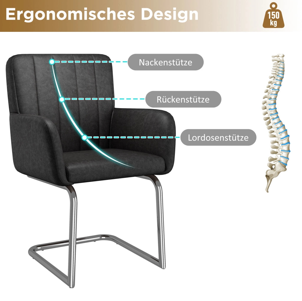 Set 2 sedie da pranzo nere in pelle PU con schienale ergonomico a Z e gambe in metallo