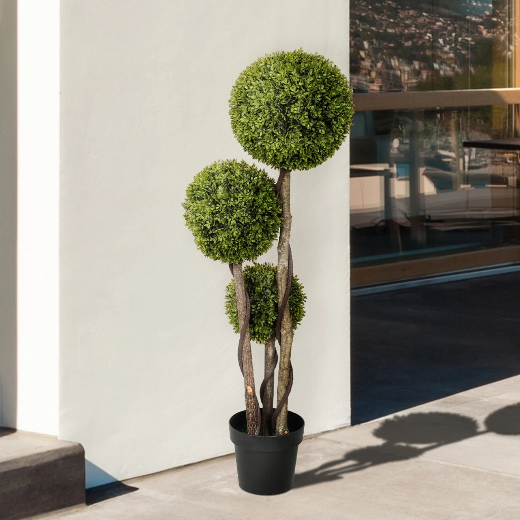 Pianta di Bosso Artificiale a 3 Sfere con Vaso Incluso e Fondo Rinforzato, Altezza 115 cm