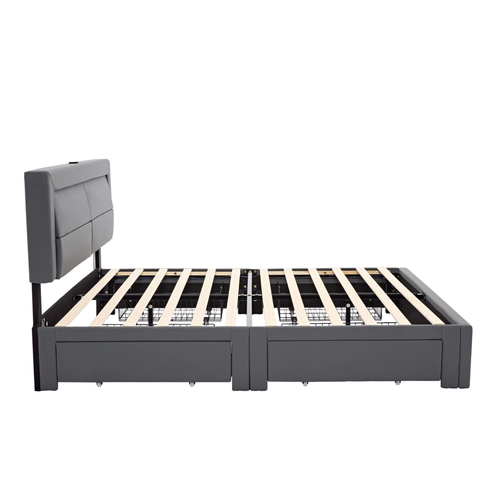Letto imbottito 140 x 200 cm in PU grigio con USB, LED e 4 cassetti