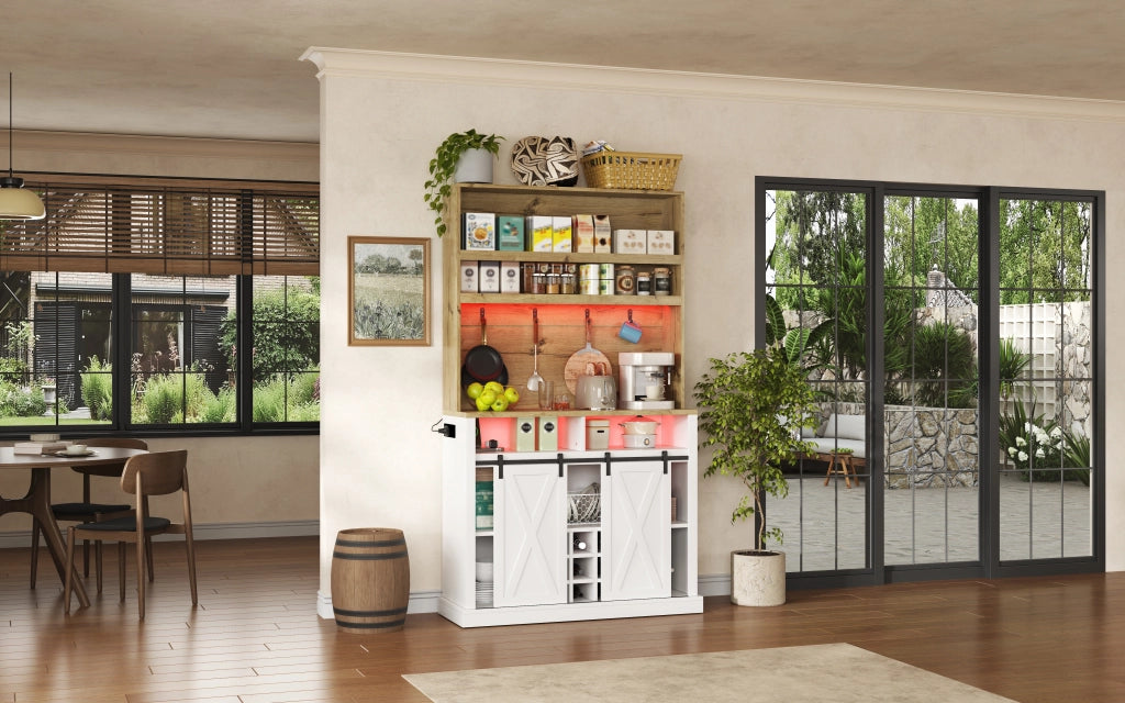 Hochschrank da cucina con LED, prese USB, ripiani aperti, ganci e vetrina 110x40x191 cm