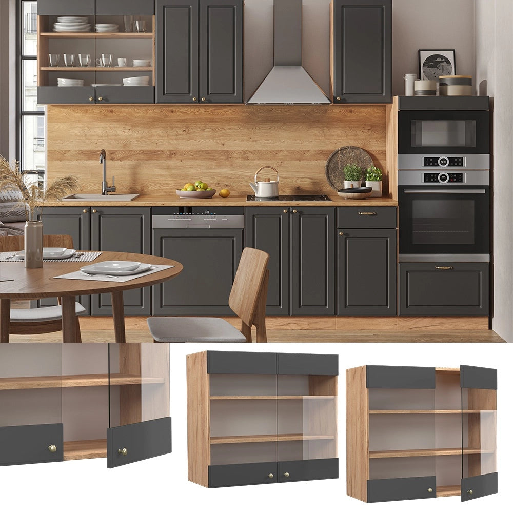 Mobile da cucina in vetro Fame-Line Antracite-oro/Rovere dorato 80 cm Vicco