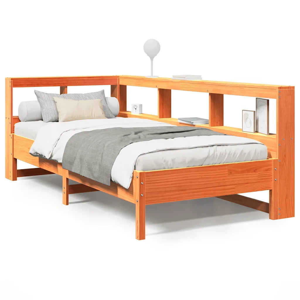 Letto Libreria senza Materasso-Struttura Letto con contenitore Marrone Cera 90x200 cm in Pino 505392