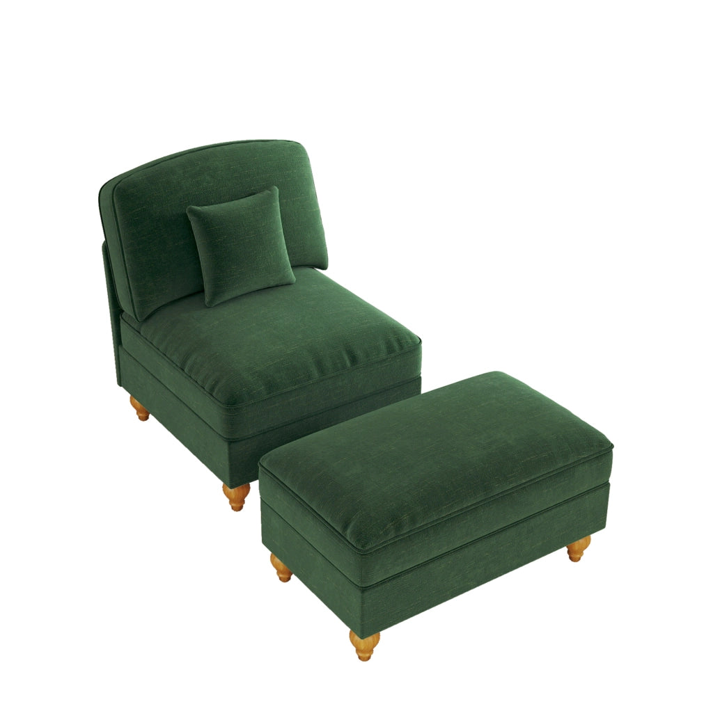 Poltrona lounge con poggiapiedi in ciniglia verde; rivestimento con balza rimovibile e cuscino mobile