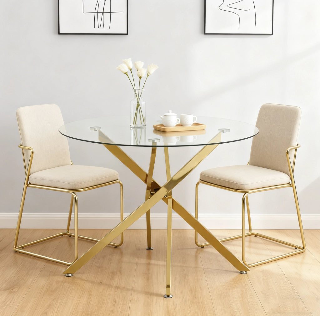 Tavolo rotondo in vetro temperato 80 cm con gambe in metallo color oro; per 2-4 persone