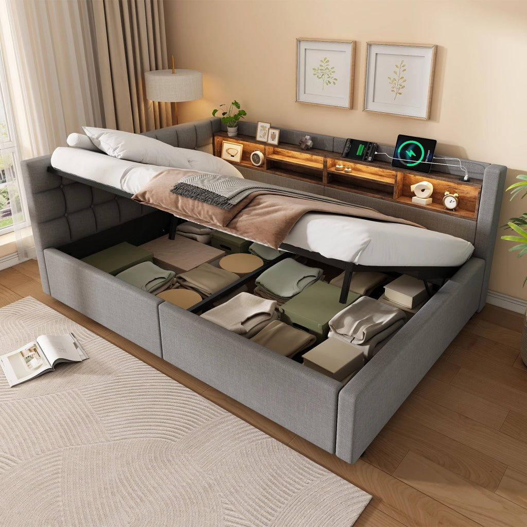 Letto matrimoniale contenitore 140x200 cm con sollevamento idraulico; LED; testiera con ripiano e USB; grigio