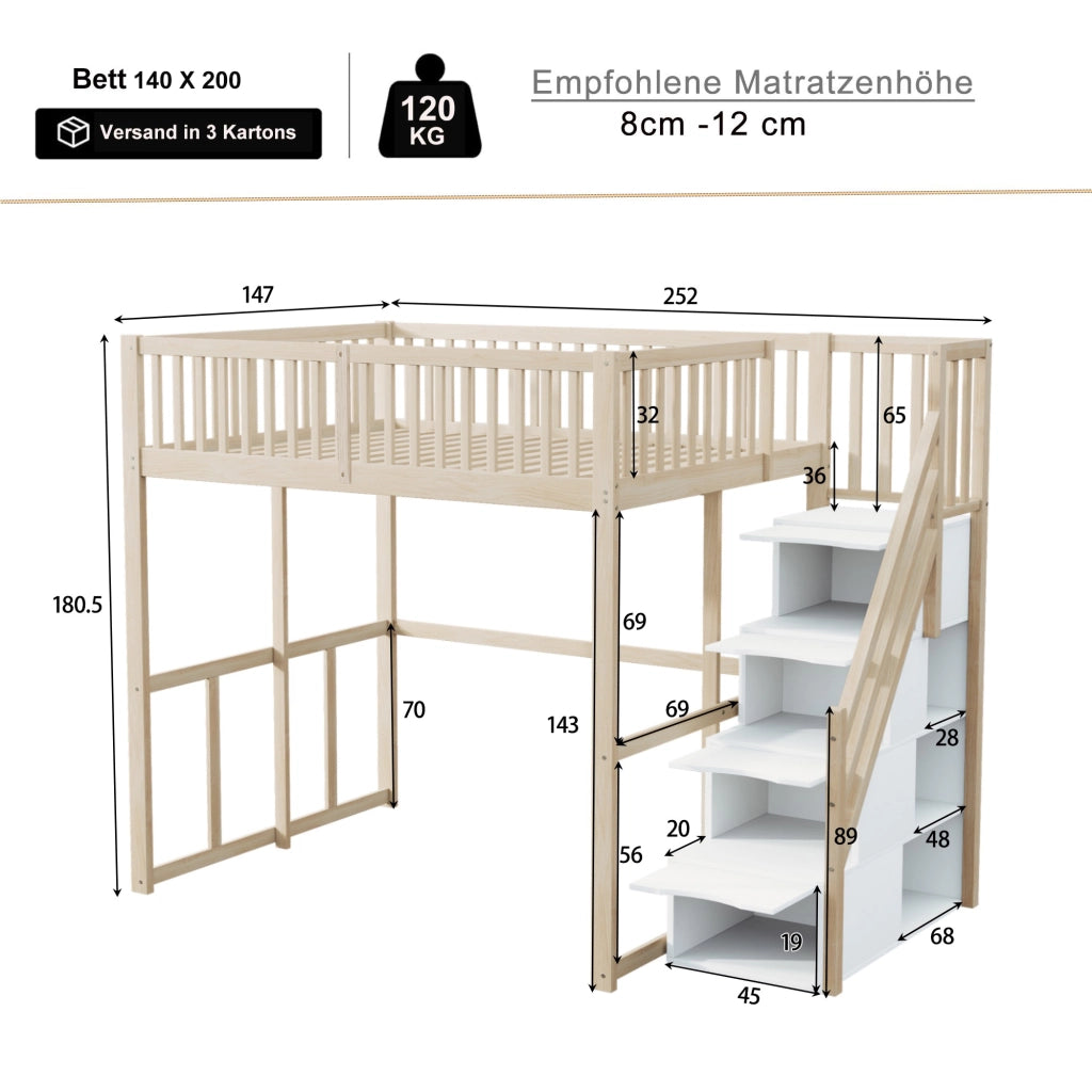 Letto a castello in legno di pino naturale con scala di sicurezza e contenitore 140x200 cm