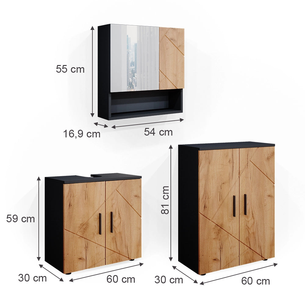 Vicco Set mobili bagno Quercia dorata/antracite 3 pezzi, con base 60 cm