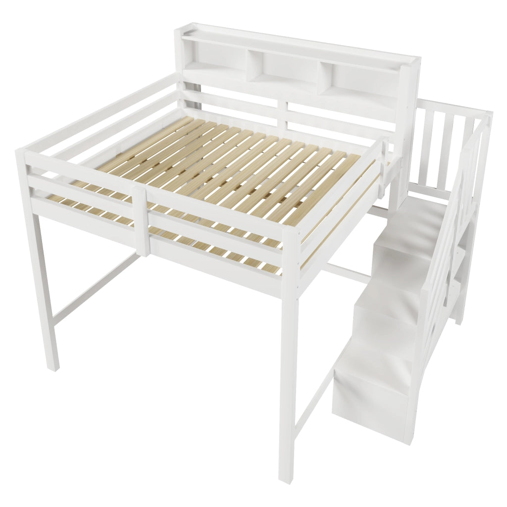 LETTO A SOPPALCO 140x200 cm Bianco con LED e scala contenitore