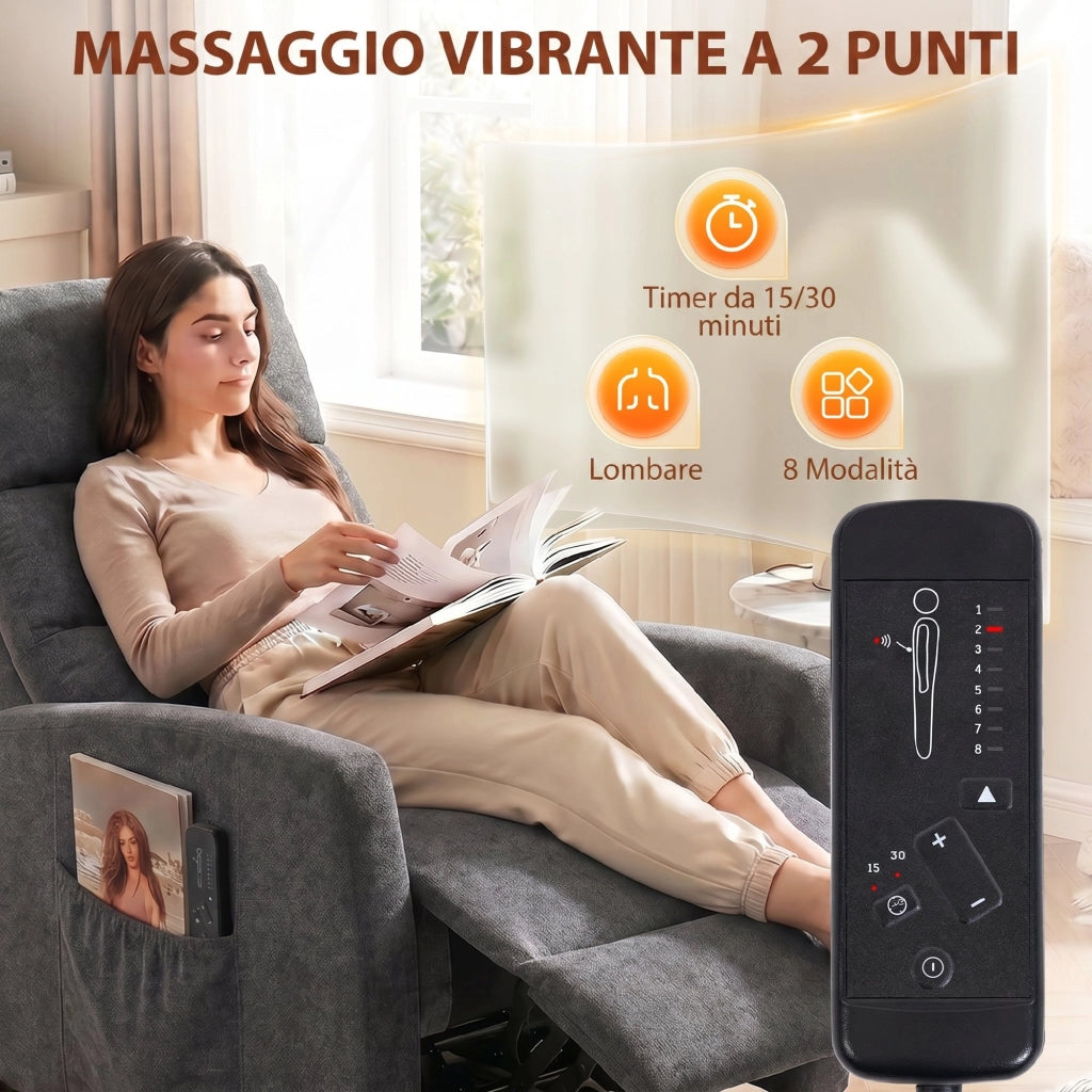 Poltrona Massaggiante  66x91x108 cm Reclinabile a 160° con Poggiapiedi e Telecomando in Ciniglia Grigio Scuro