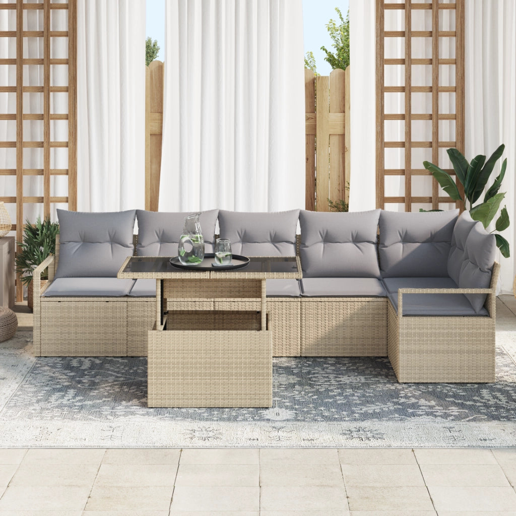 Set Divano da Giardino  7 Pezzi con Cuscini Beige Polirattan