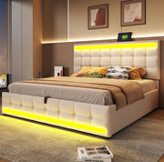 Letto matrimoniale imbottito 180x200 cm con LED RGB; USB e testiera regolabile; beige