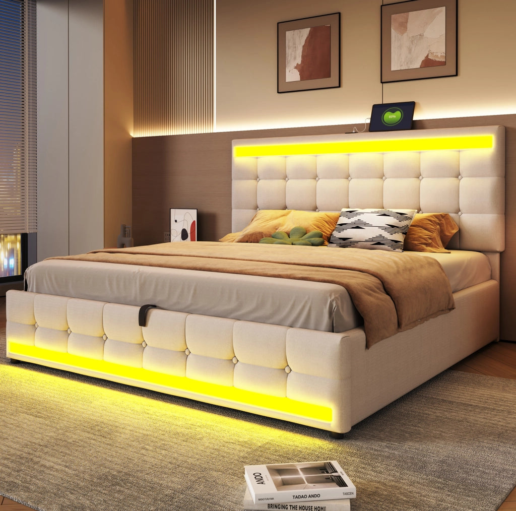 Letto matrimoniale imbottito 180x200 cm con LED RGB; USB e testiera regolabile; beige