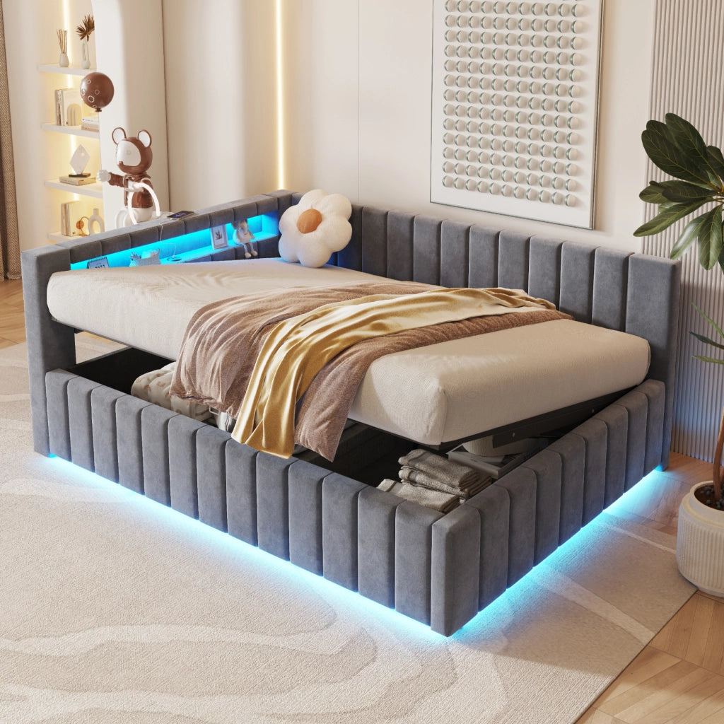 Letto Contenitore Matrimoniale 140x200 cm; USB e LED; con Schienale - in Velluto - Grigio