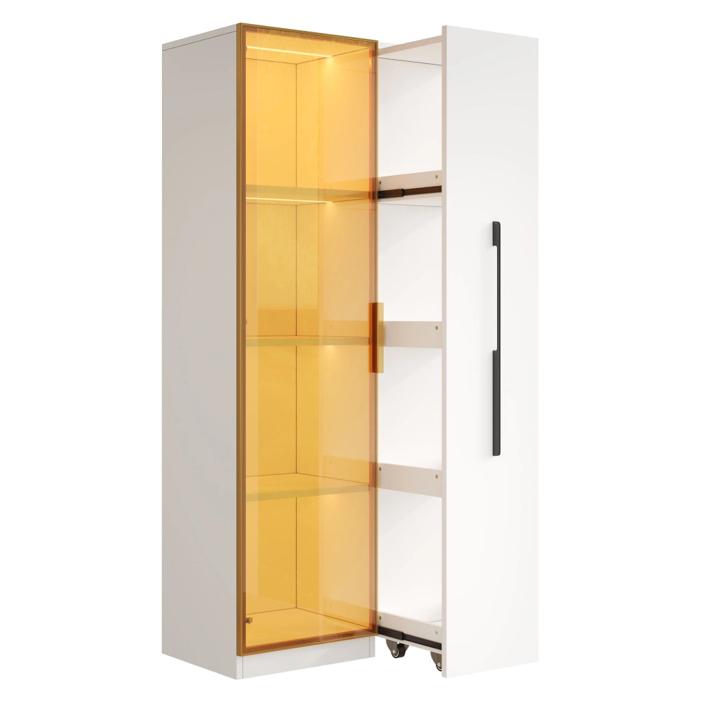 Vetrina con LED integrato e modulo laterale estraibile 70x40x160 cm in MDF bianco