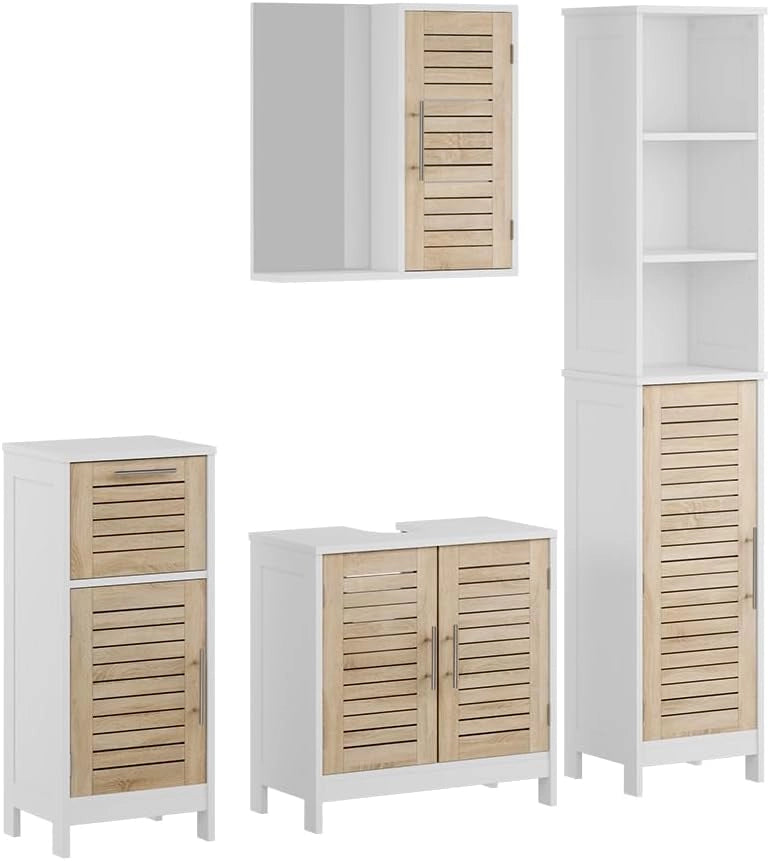 Set di mobili da bagno 3 pezzi Looma, Bianco/quercia, 60 cm, composto da mobile sottolavabo, specchiera e mobile medio