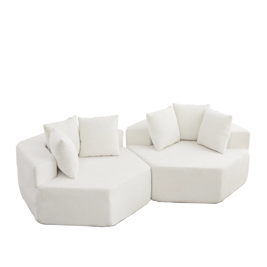 Poltrona lounge modulare esagonale in chenille beige con 3 cuscini e imbottitura in schiuma con molle