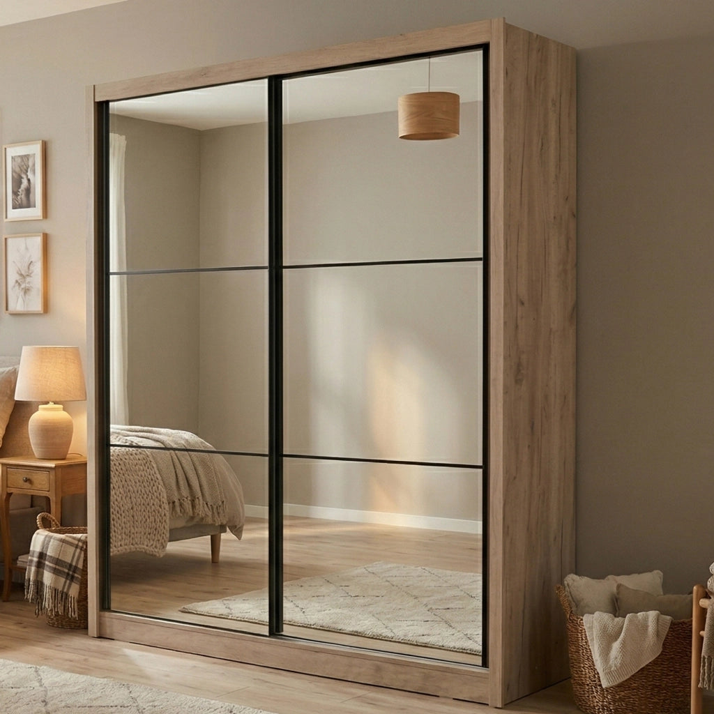 Armadio Camera da Letto Godrano, Guardaroba Grande Appendiabiti, 213x215.5h cm Marrone Rovere Grigio