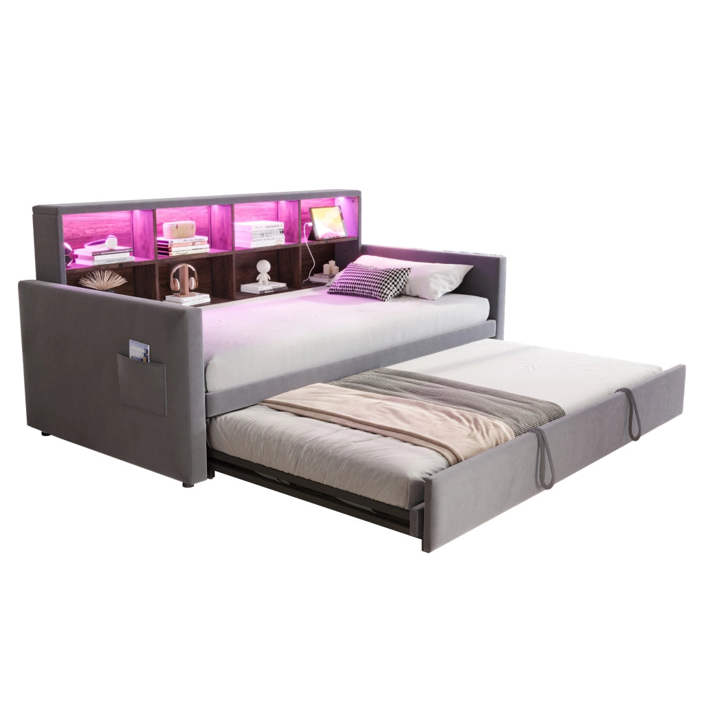 Letto Estraibile Singolo con Ripiani Testiera; LED; USB e Tipo C; 90×190 cm; senza Materasso; Grigio