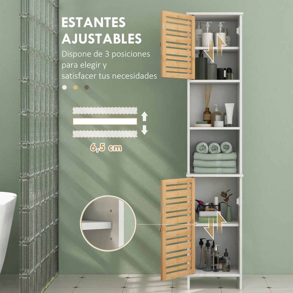 Mobile Bagno con Ripiani Regolabili e Ante in Bamb¨´ ¨C Zephmum ¨C 35x30x170 cm Bianco e Naturale