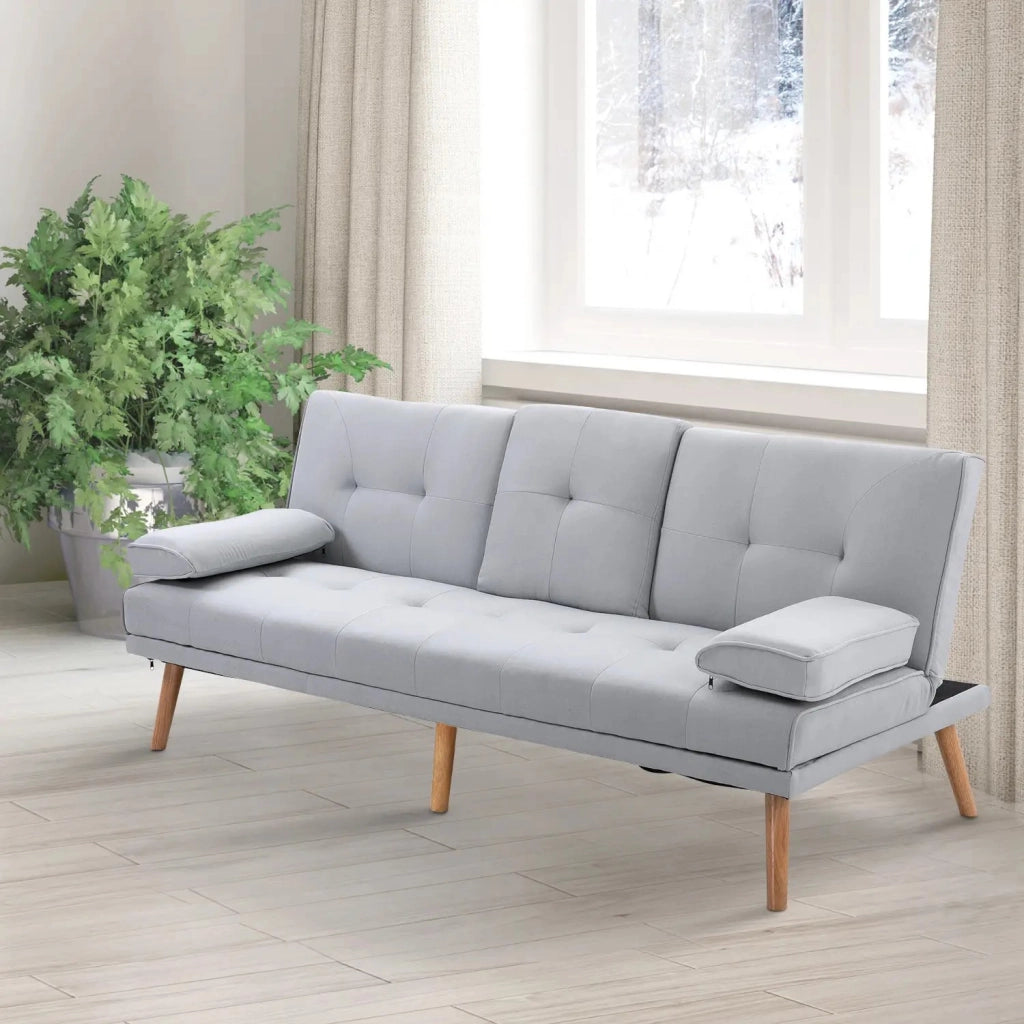 Divano letto a 3 posti con schienale regolabile e tavolino centrale in poliestere grigio chiaro 181 × 77 × 72 cm