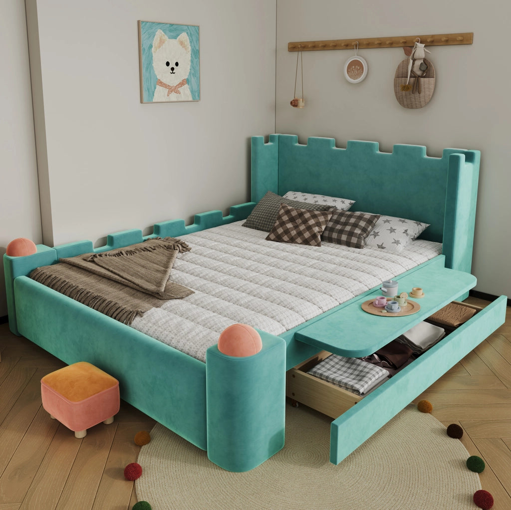 Letto imbottito per bambini 140x200 cm con cassetto contenitore e ripiano pieghevole